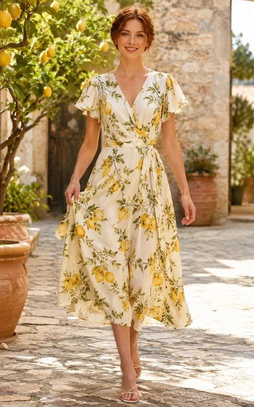 Vestido midi cruzado con cuello en V y mangas cortas con estampado de limones