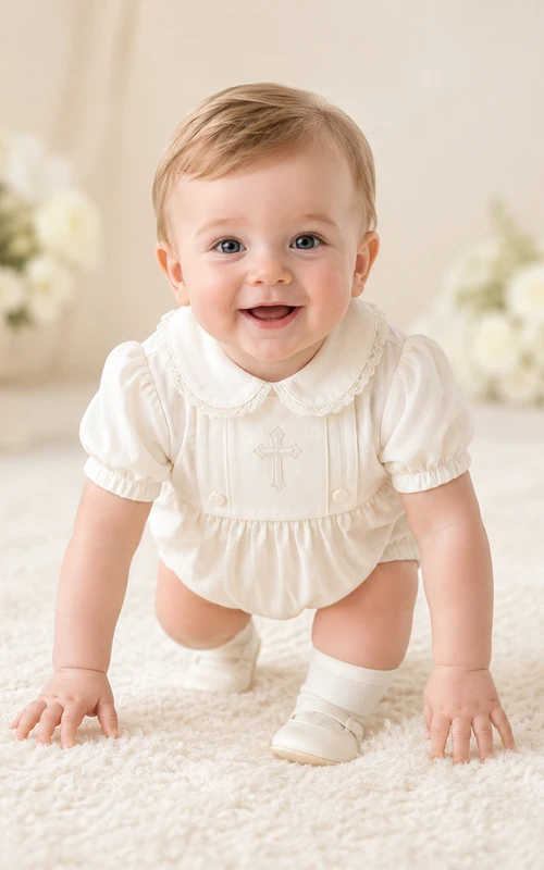 White Lace Trim Puff Sleeve Christening Baby Bubble Romper for Baby Boy