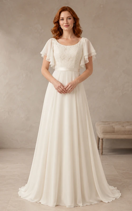 Scoop Neck Flutter Sleeve Modest Chiffon A-Line Wedding Dress
