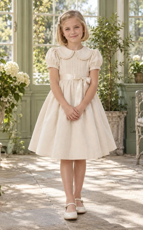 Vintage-Blumenmädchenkleid aus Cord in Elfenbein mit Peter-Pan-Kragen, Puffärmeln und Teelänge