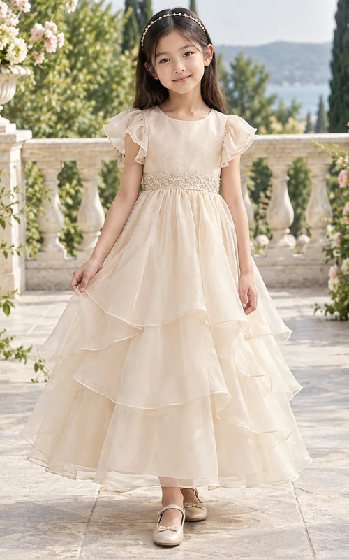 Ivory A-line Organza Flutter-sleeve Ankle-length Decorated-waist Layered Round-Neck Flower Girl Dress