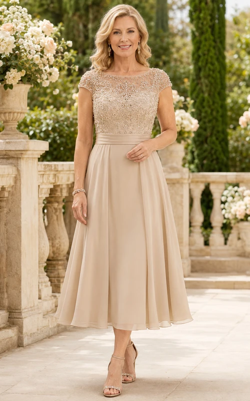 Champagne Romantic Scoop-Neck Lace Chiffon A-Line Tea-Length Mother of the Bride Dress with Short Sleeves
