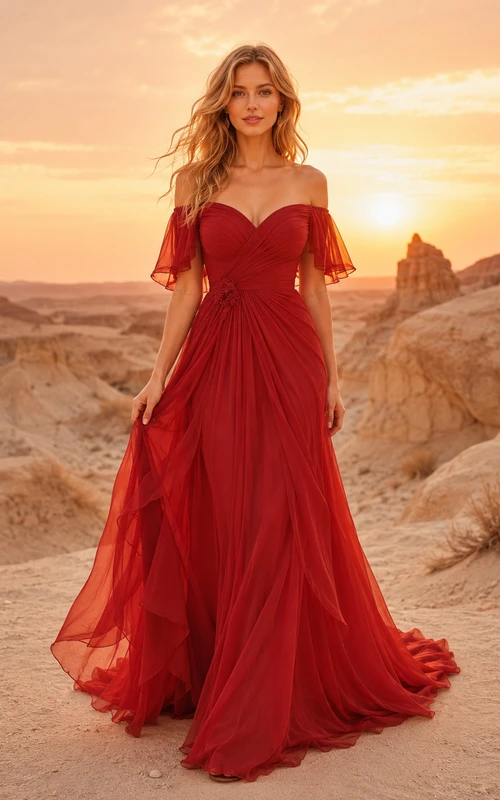 Red Boho Off Shoulder Chiffon Desert Wedding Dress
