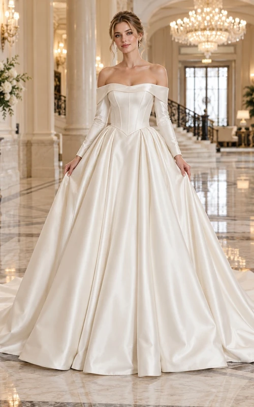 Robe de mariée simple en satin plissé à manches longues et épaules dénudées