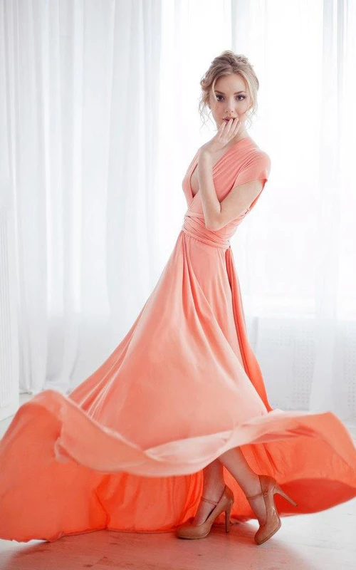 Robe longue plissée en jersey, coupe trapèze, manches courtes sexy, décolleté en V plongeant et bandage