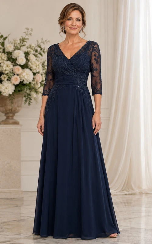 Vestido largo azul marino con mangas de encaje para la madre de la novia