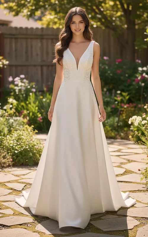 Ärmelloses A-Linien-Hochzeitskleid aus Satin mit V-Ausschnitt