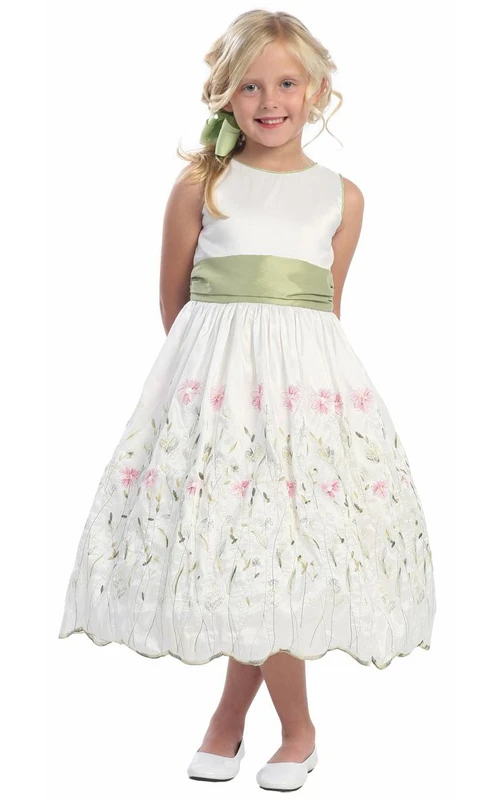 Vestido de niña de flores de tafetán con lazo y estampado floral, largo hasta la rodilla.
