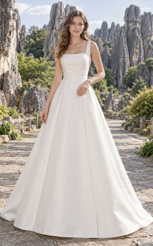 Vestido de novia sencillo de corte A con escote cuadrado y sin mangas.