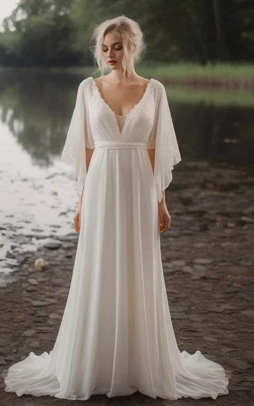 Robe de mariée fourreau en mousseline de soie empire à col en V et manches bouffantes