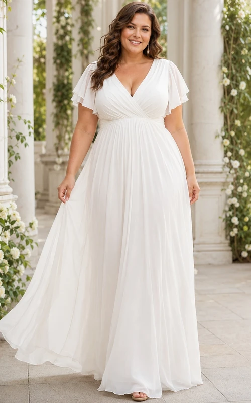 Modest Plus Size Short Sleeve Chiffon V Neck A Line Bridal Wedding Dress