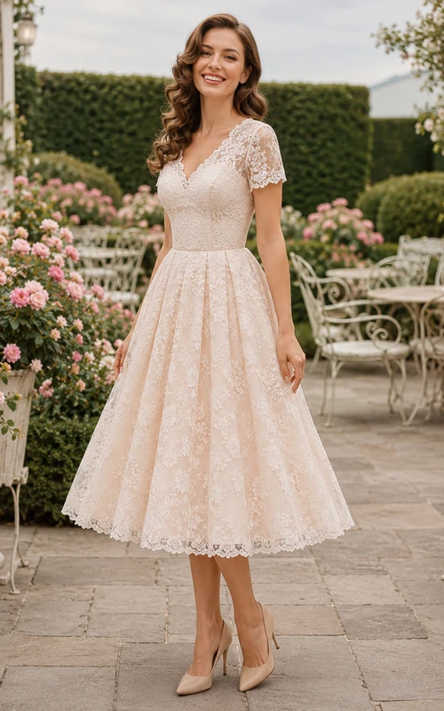 Vestido de novia retro económico de encaje vintage con mangas cortas y largo hasta la rodilla