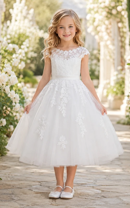 Flower Girl Dress White Lace Tulle A-Line Cap Sleeve Jewel Neck Tea Length