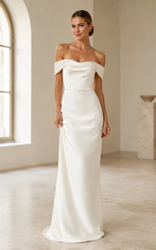 Robe de mariée civile minimaliste en satin fourreau à épaules dénudées et épaules pliées, longueur au sol