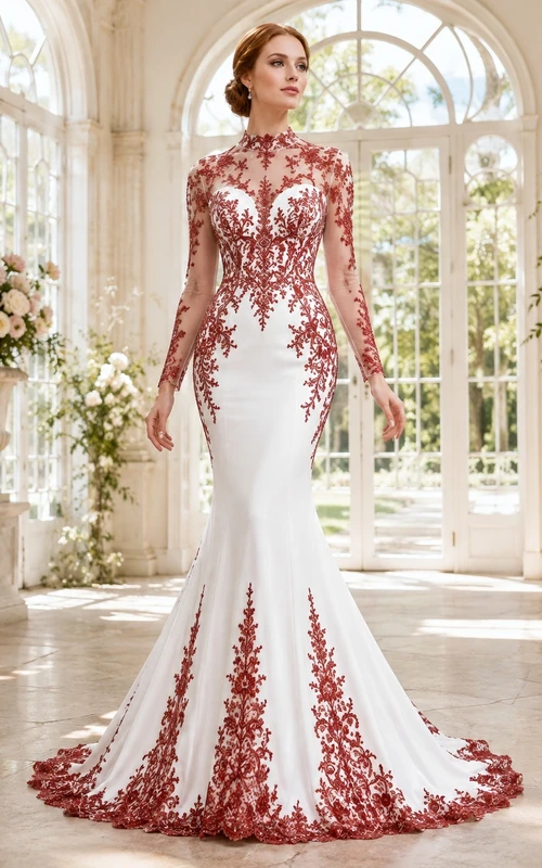 Rotes, hochgeschlossenes, langärmeliges Meerjungfrauen-Brautkleid mit Spitze und Schleppe – schlicht und elegant