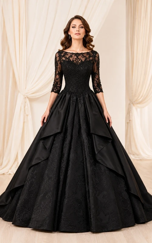 Black Bateau Neck Three-Quarter Sleeve Lace Taffeta Ball Gown Prom Dress