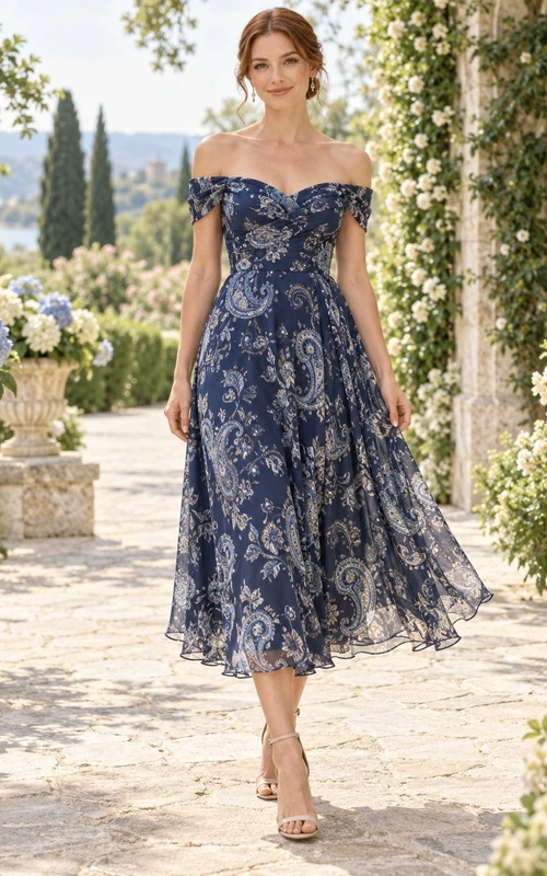 Vestido de invitada de boda azul marino con estampado paisley, hombros descubiertos, manga corta y corte en A.