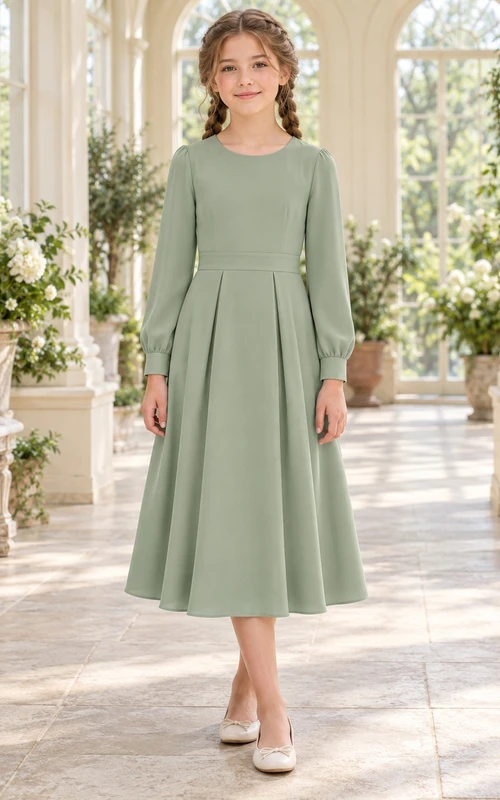 Long Sleeve Simple Modest Tea-length Sage Jewel Button-Cuff Pleated Crepe Sashed A-Line Flowergirl Dress