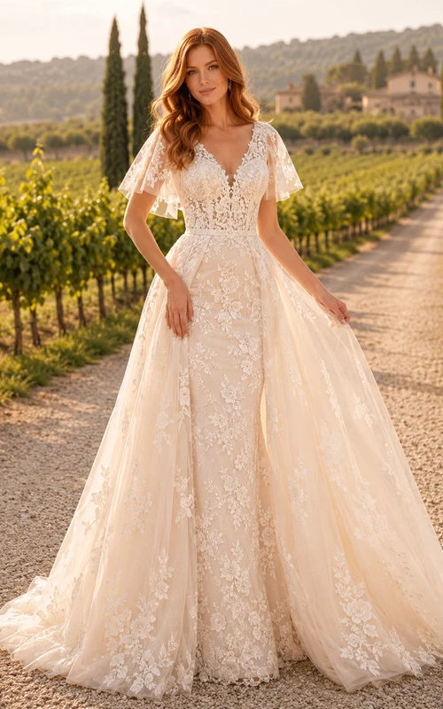 Vestido de novia de encaje y tul, corte en A, escote en V, manga corta, cola larga.