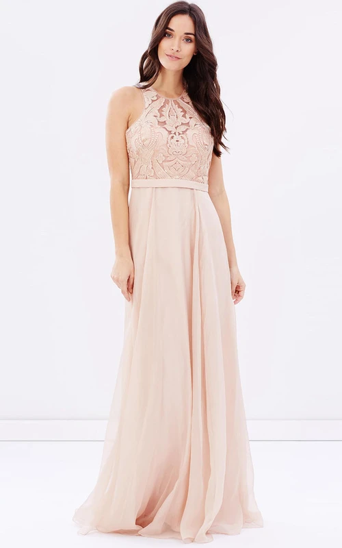 Robe de demoiselle d'honneur fourreau sans manches en mousseline rose poudré à encolure ronde ornée d'appliqués et de se