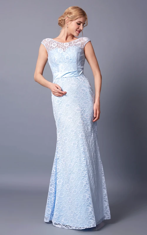Demure Cap Sleeve Jewel Neck Long Lace Dress With Sash