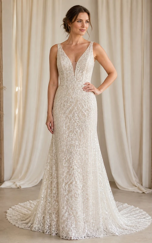 Vestido de novia bohemio largo hasta el suelo, de corte recto, escote en V y sin mangas, con detalles calados y densos.