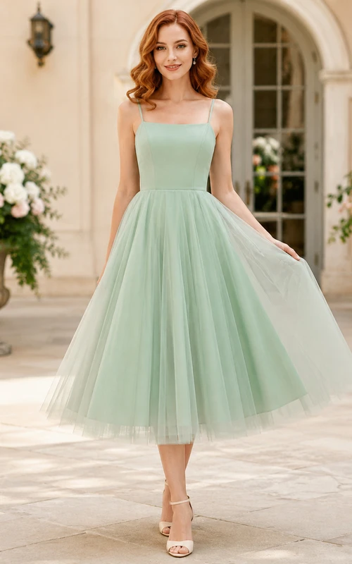 Mint Green Square Neck Tulle Tea Length A Line Cocktail Dress