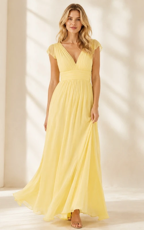 Yellow V-Neck Cap Sleeve Chiffon A-Line Floor-length Romantic Summer Dress