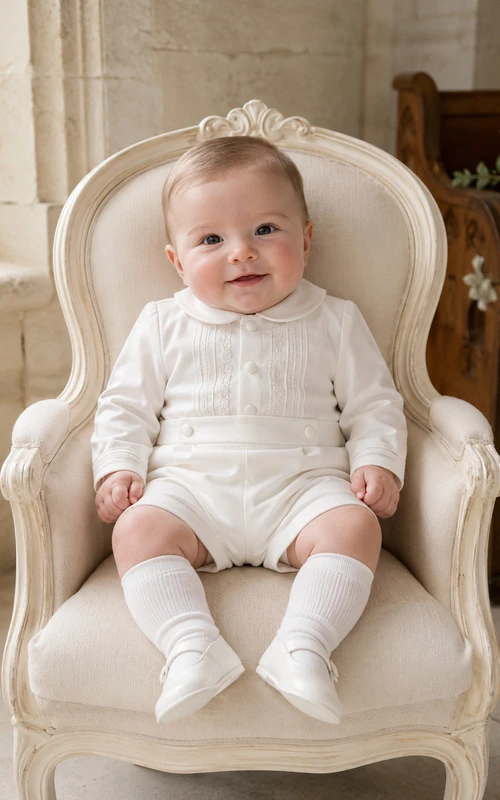 Elegante weiße Langarm-Weste mit Abnähern, Taufhöschen für Babys