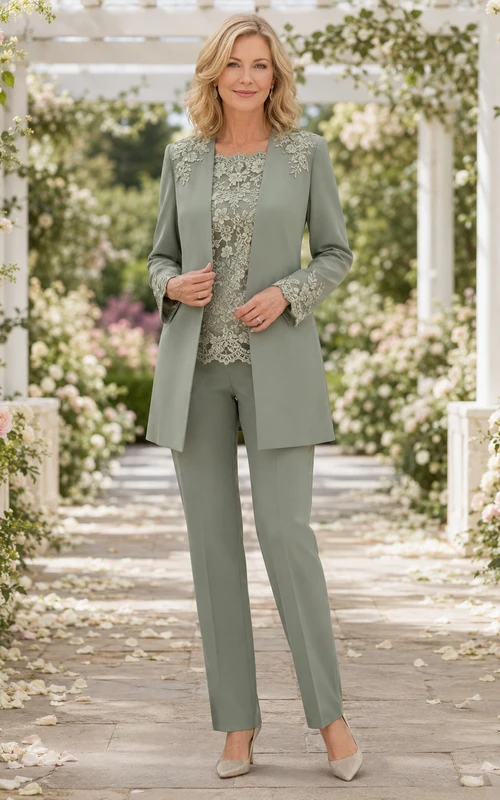 Eleganter, salbeigrüner, langer Blazer aus Spitze mit taillierter Silhouette, taillierter Hosenanzug für die Mutter der Braut mit langen Ärmeln und geschwungenen Manschetten