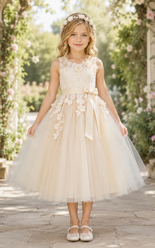 Vestido de niña de las flores color champán, encaje, tul, corte en A, cuello joya, largo midi, detalle de fajín