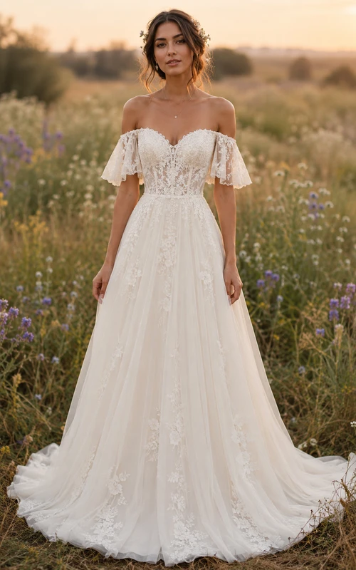 Boho A-Line Wedding Dress Off Shoulder Sweetheart Tulle Lace Applique Floor Length Chapel Train Ivory