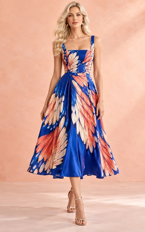Square Neck Royal Blue Wing Print Satin Midi Cocktail Dress