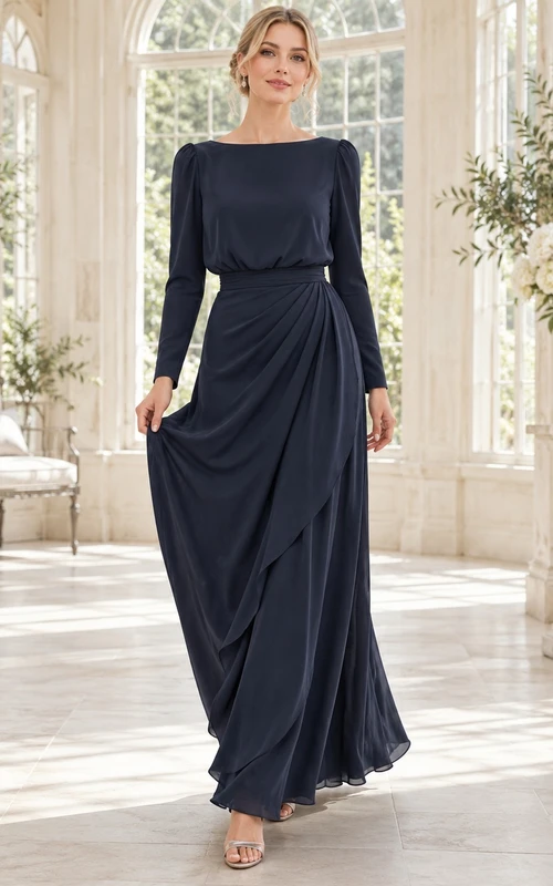 Vestido de noche formal de corte A, azul marino oscuro, estilo barco, manga larga, gasa drapeada, largo hasta los tobillos.