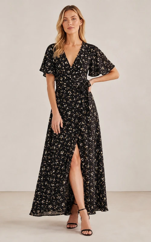 Robe décontractée en mousseline noire à fleurs, col en V, manches courtes, coupe trapèze, longueur midi