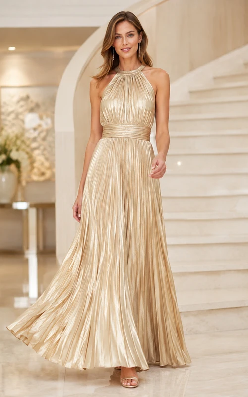 Vestido de noche de lujo moderno, largo hasta el suelo, color champán, sin mangas, con escote halter, detalles metálicos y pliegues.