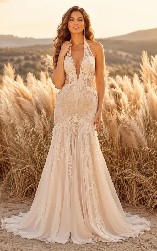 Vestido de novia de encaje estilo sirena con escote halter y espalda descubierta, tirantes cruzados y cola.