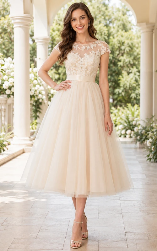 Robe de demoiselle d'honneur romantique coupe trapèze, style jardin, ornée de dentelle illusion et de motifs Champagne Bateau.