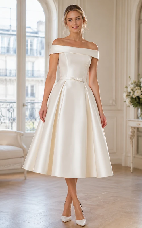 Vestido de recepción nupcial clásico de satén vintage, corte en A, largo hasta la rodilla y hombros descubiertos.