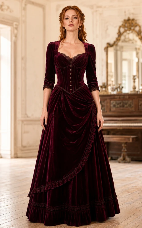 Vestido de estilo western vintage color burdeos con botones frontales, mangas tres cuartos, corte en A y largo hasta el suelo.