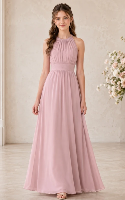 Elegantes, ärmelloses Chiffon-Brautjungfernkleid in Altrosa, A-Linie, hoher Kragen