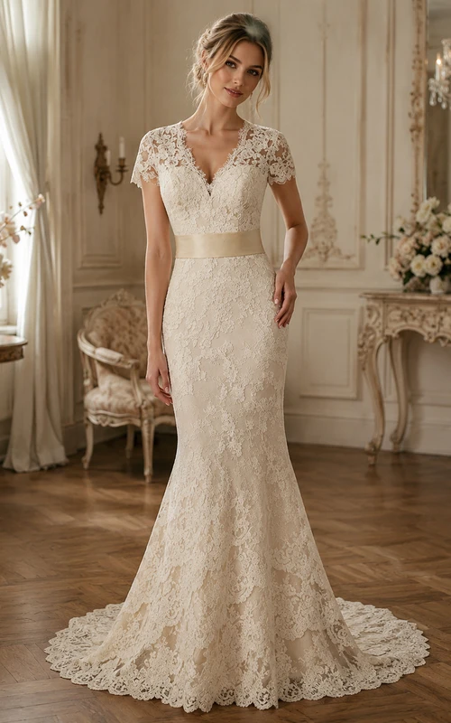 V-Neck Keyhole Back Mermaid Lace Vintage Wedding Dress With Sash And Flower