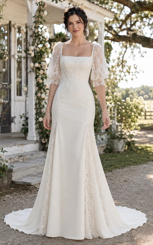 Robe de mariée sirène en satin, dos nu et dentelle, ornée d'un décolleté carré illusion mi-long, manches courtes et ourlet asymétrique, avec traîne chapelle.