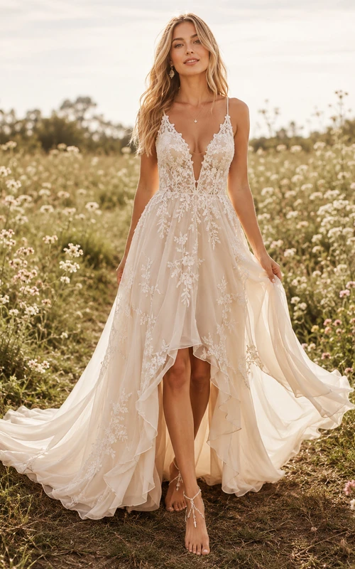 Etheral Champagne High Low Wedding A Line Plunging V Neck Layered Train