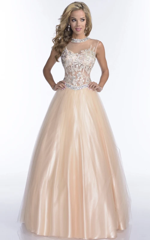 Ärmelloses A-Linien-Abendkleid aus Tüll mit Kristallkragen, Schlüssellochausschnitt am Rücken und Spitzenoberteil