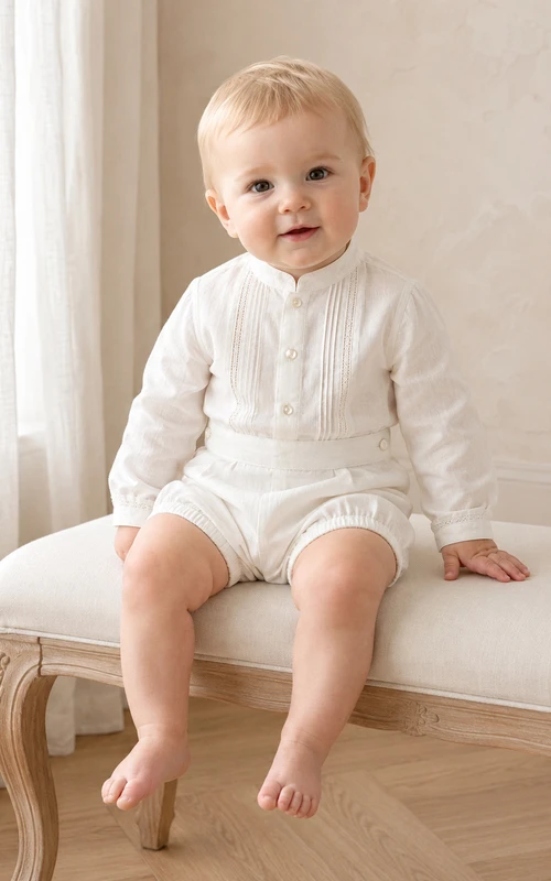 White Pintuck Bib Long Sleeve Peter Collar Christening Romper for Baby Boy