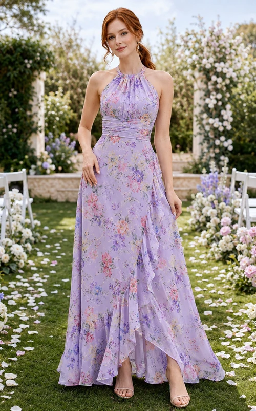 Robe longue d'invitée en mousseline à imprimé floral lavande, dos nu et fente, ornée de fleurs lavande