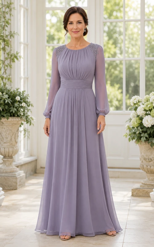 Lilafarbenes, langärmeliges Chiffon-Kleid in A-Linie mit plissiertem Oberteil