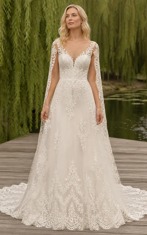 Vestido de novia modesto de manga larga, corte en A, escote en V, encaje con detalles de volutas y cola catedral.