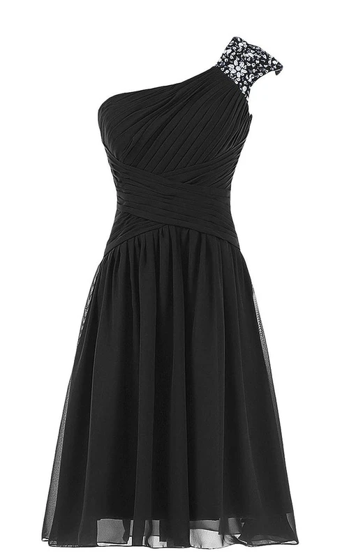 Chiffonkleid mit Pailletten, einseitig schulterfrei und mit kurzen Ärmeln